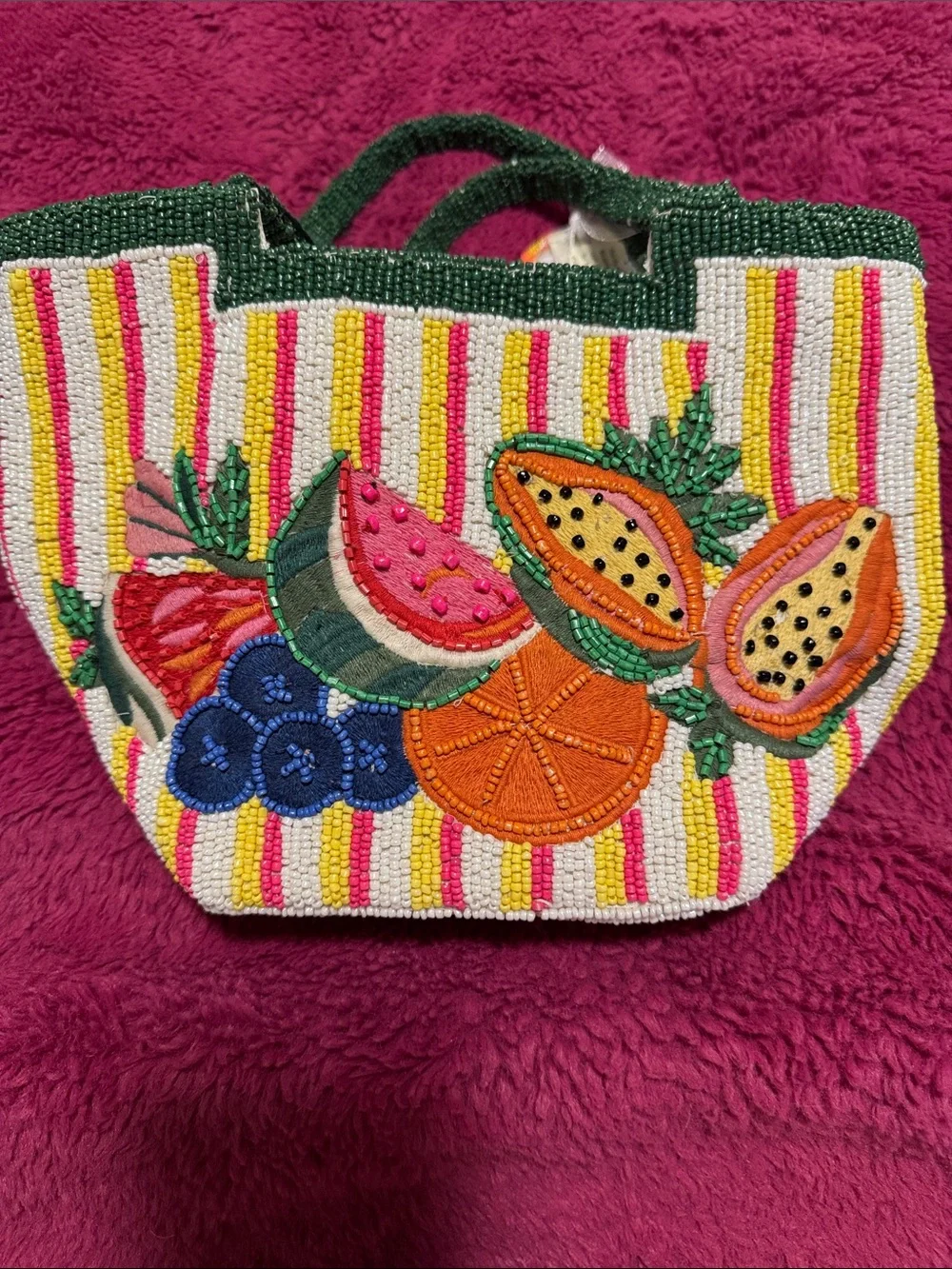Hand-Beaded Tropical Fruit Tote in Green and Multicolor